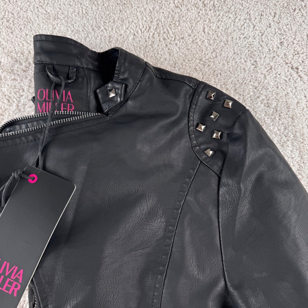 Olivia Miller Womens Black Faux Leather Studded Biker Moto Jacket XL New - Picture 13 of 15
